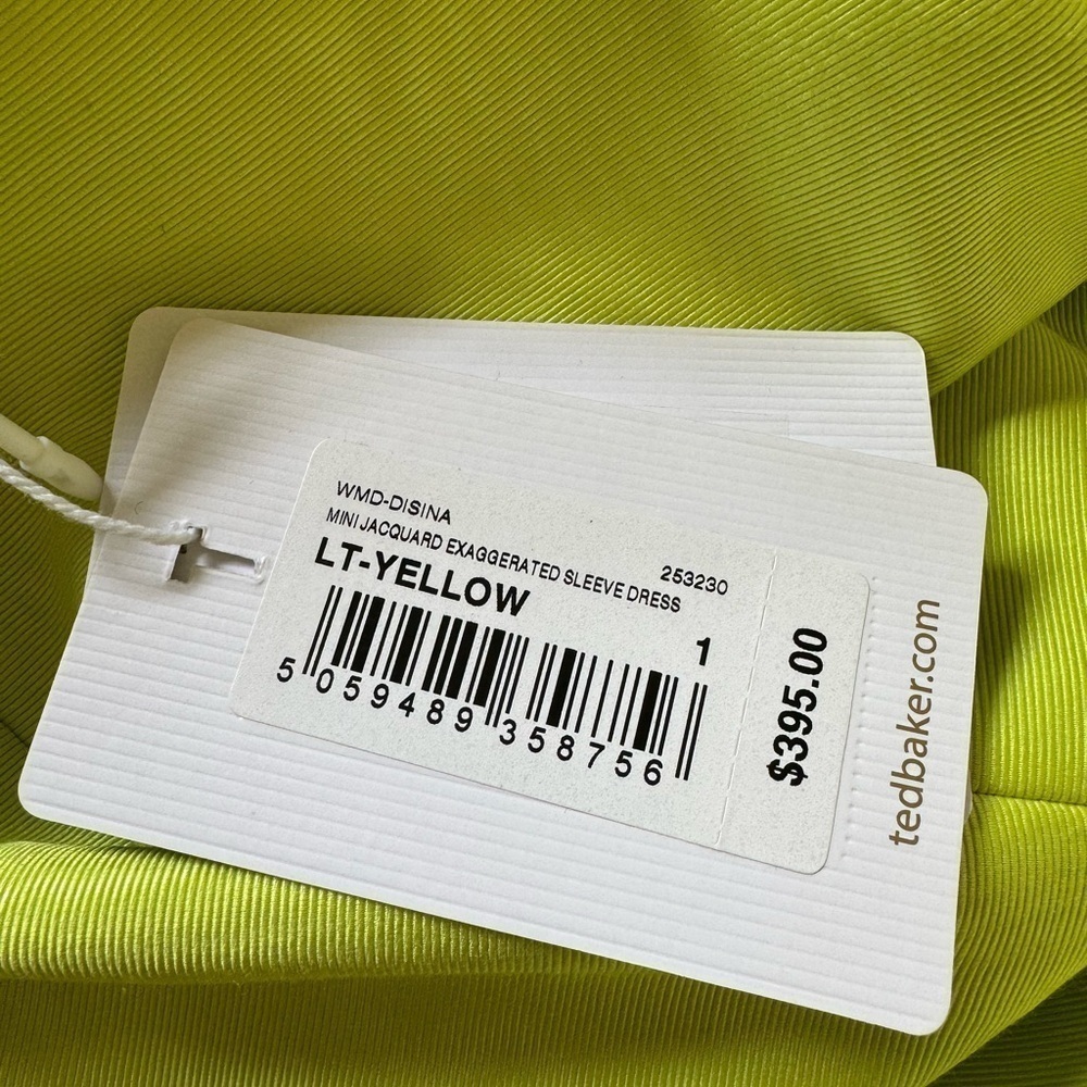 Ted Baker- NWT Lime Green Jacquard Exaggerated Sleeve Mini Dress - Picture 3 of 5